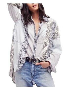 Free People All Patched Up Bandana Print Button-Up Shirt - Blue/Grey - Size L
